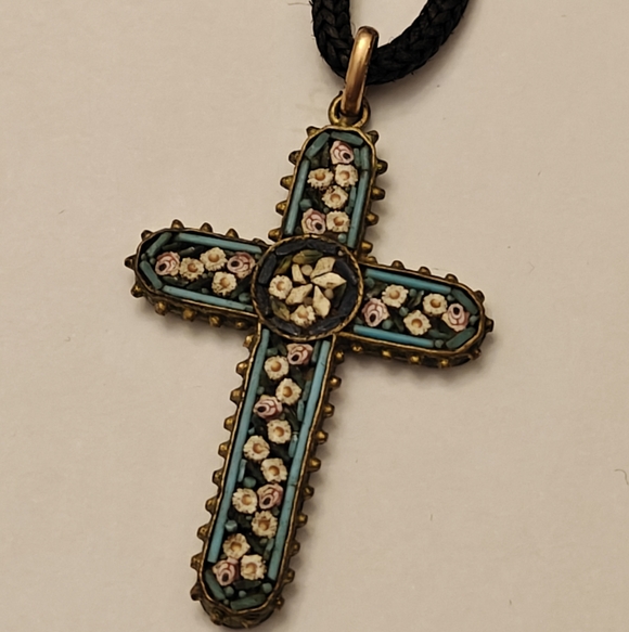 Antique Italian Mosaic Cross Pendant Necklace - Picture 10 of 14